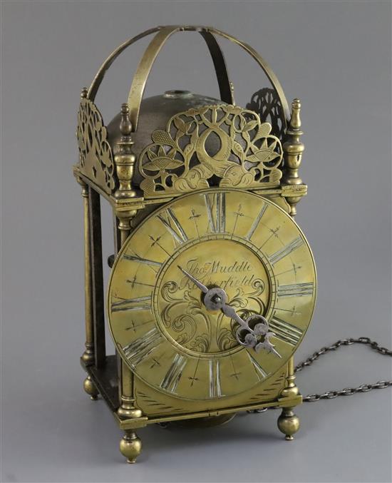 Thos. Muddle of Rotherfield. A 17th century brass lantern clock, overall height 12.15in.